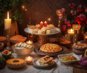Holiday foods on table surrounded by candles